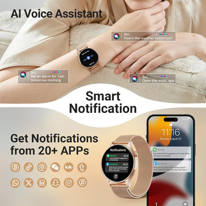 Smart Watch for Women, Compatible with Android Phones iPhone (Bronze) | Stainless Steel Band & Bezel, AMOLED Display, Touchscreen, Make/Answer Calls, 3ATM Waterproof, Fitness Tracker