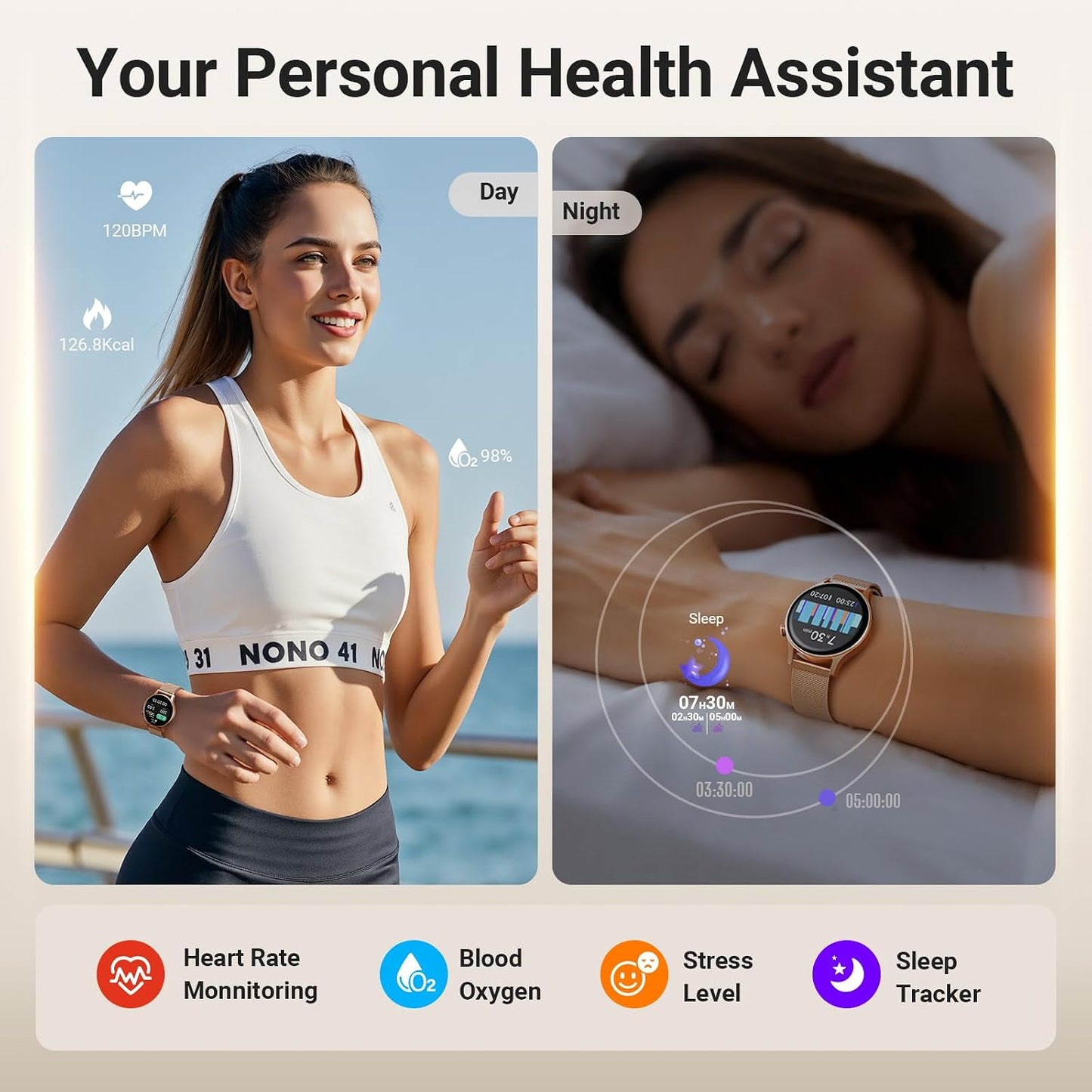 Smart Watch for Women, Compatible with Android Phones iPhone (Bronze) | Stainless Steel Band & Bezel, AMOLED Display, Touchscreen, Make/Answer Calls, 3ATM Waterproof, Fitness Tracker