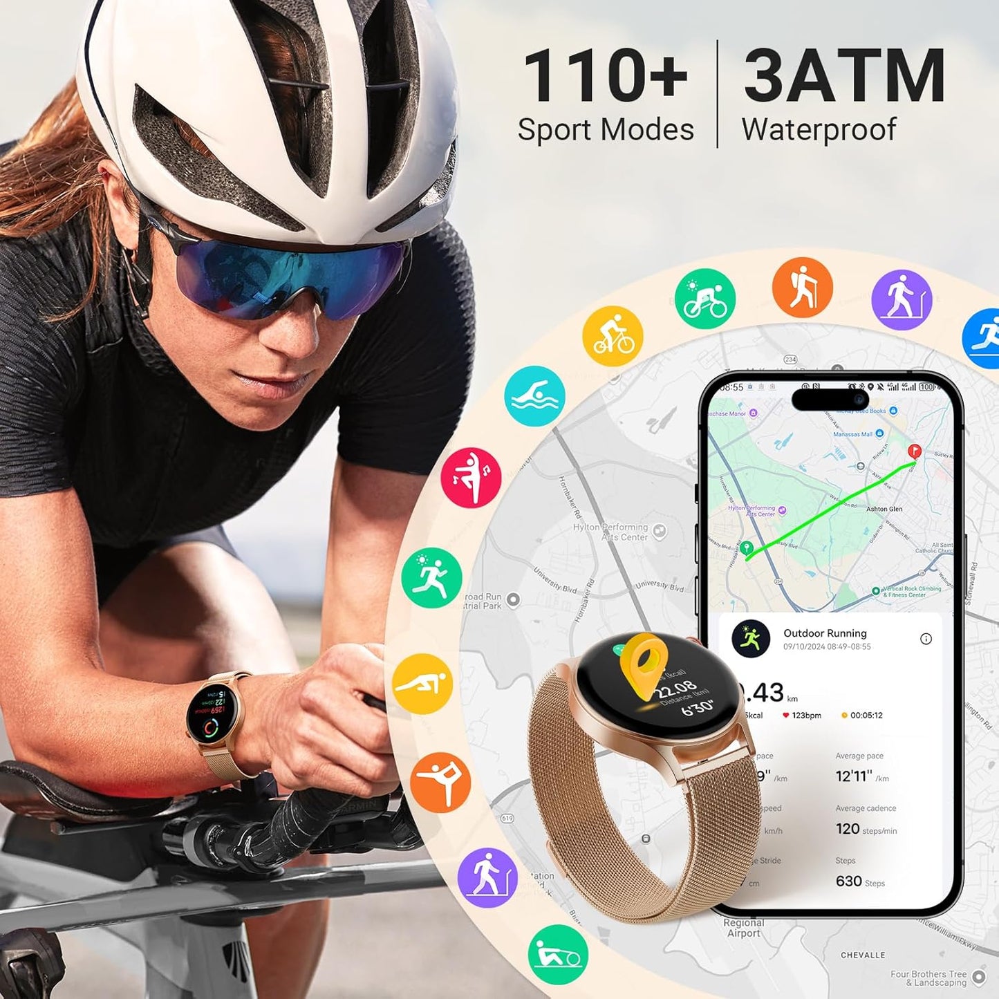 Smart Watch for Women, Compatible with Android Phones iPhone (Bronze) | Stainless Steel Band & Bezel, AMOLED Display, Touchscreen, Make/Answer Calls, 3ATM Waterproof, Fitness Tracker