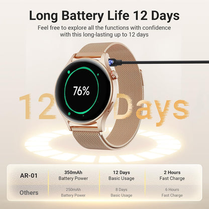 Smart Watch for Women, Compatible with Android Phones iPhone (Bronze) | Stainless Steel Band & Bezel, AMOLED Display, Touchscreen, Make/Answer Calls, 3ATM Waterproof, Fitness Tracker