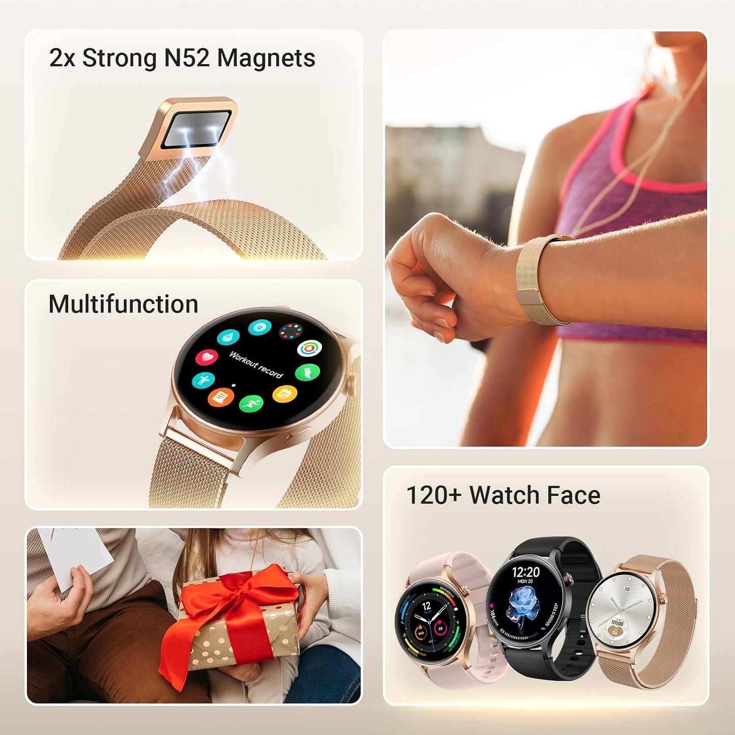 Smart Watch for Women, Compatible with Android Phones iPhone (Bronze) | Stainless Steel Band & Bezel, AMOLED Display, Touchscreen, Make/Answer Calls, 3ATM Waterproof, Fitness Tracker
