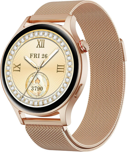 Smart Watch for Women, Compatible with Android Phones iPhone (Bronze) | Stainless Steel Band & Bezel, AMOLED Display, Touchscreen, Make/Answer Calls, 3ATM Waterproof, Fitness Tracker