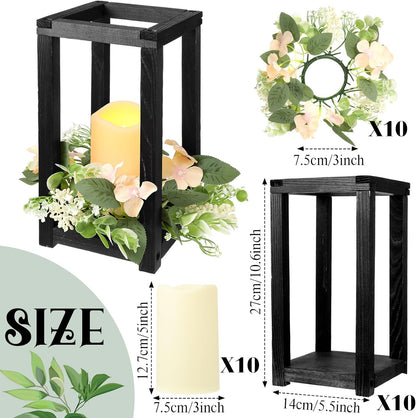 30 Pcs Wooden Wedding Lantern Centerpiece Integrated Holders with Candles and Wreaths Rustic Wooden Candle Lantern Decor for Wedding Party Table Valentine Decor (Yellow)