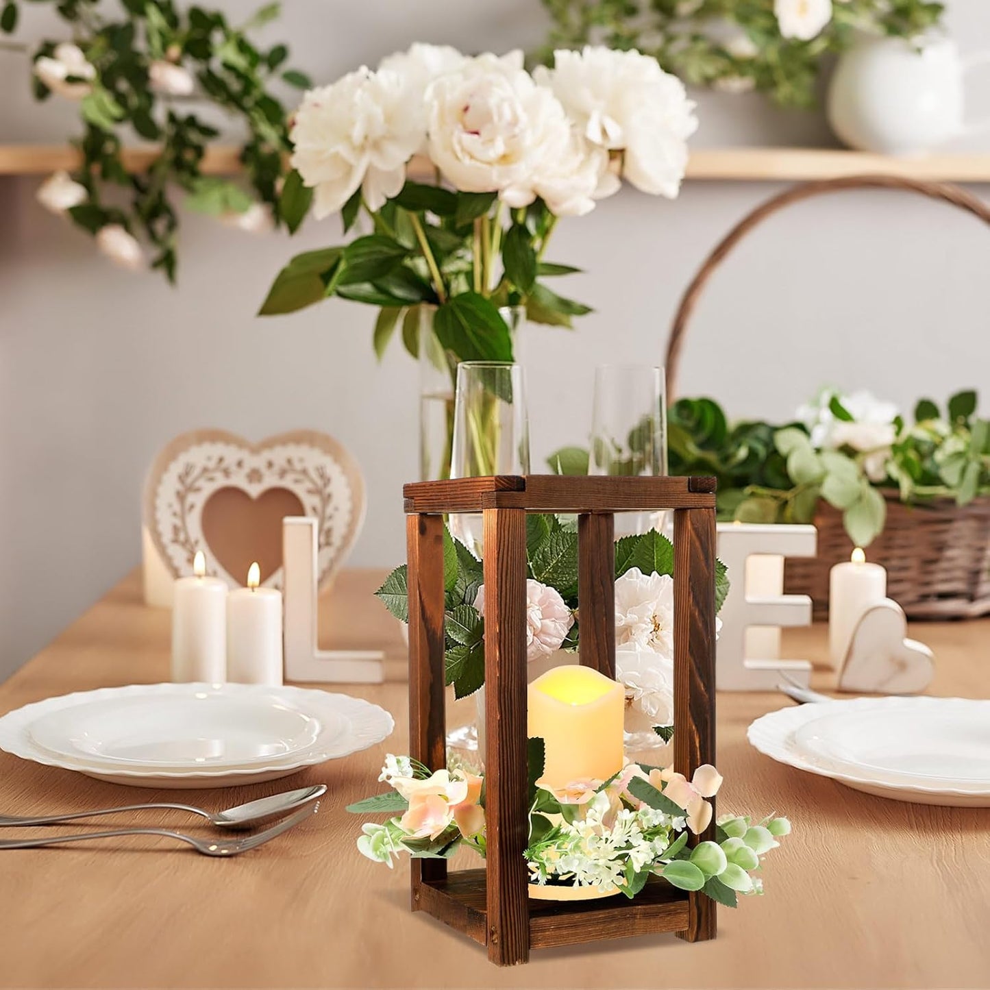 30 Pcs Wooden Wedding Lantern Centerpiece Integrated Holders with Candles and Wreaths Rustic Wooden Candle Lantern Decor for Wedding Party Table Valentine Decor (Yellow)
