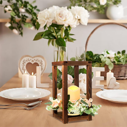 30 Pcs Wooden Wedding Lantern Centerpiece Integrated Holders with Candles and Wreaths Rustic Wooden Candle Lantern Decor for Wedding Party Table Valentine Decor (Yellow)