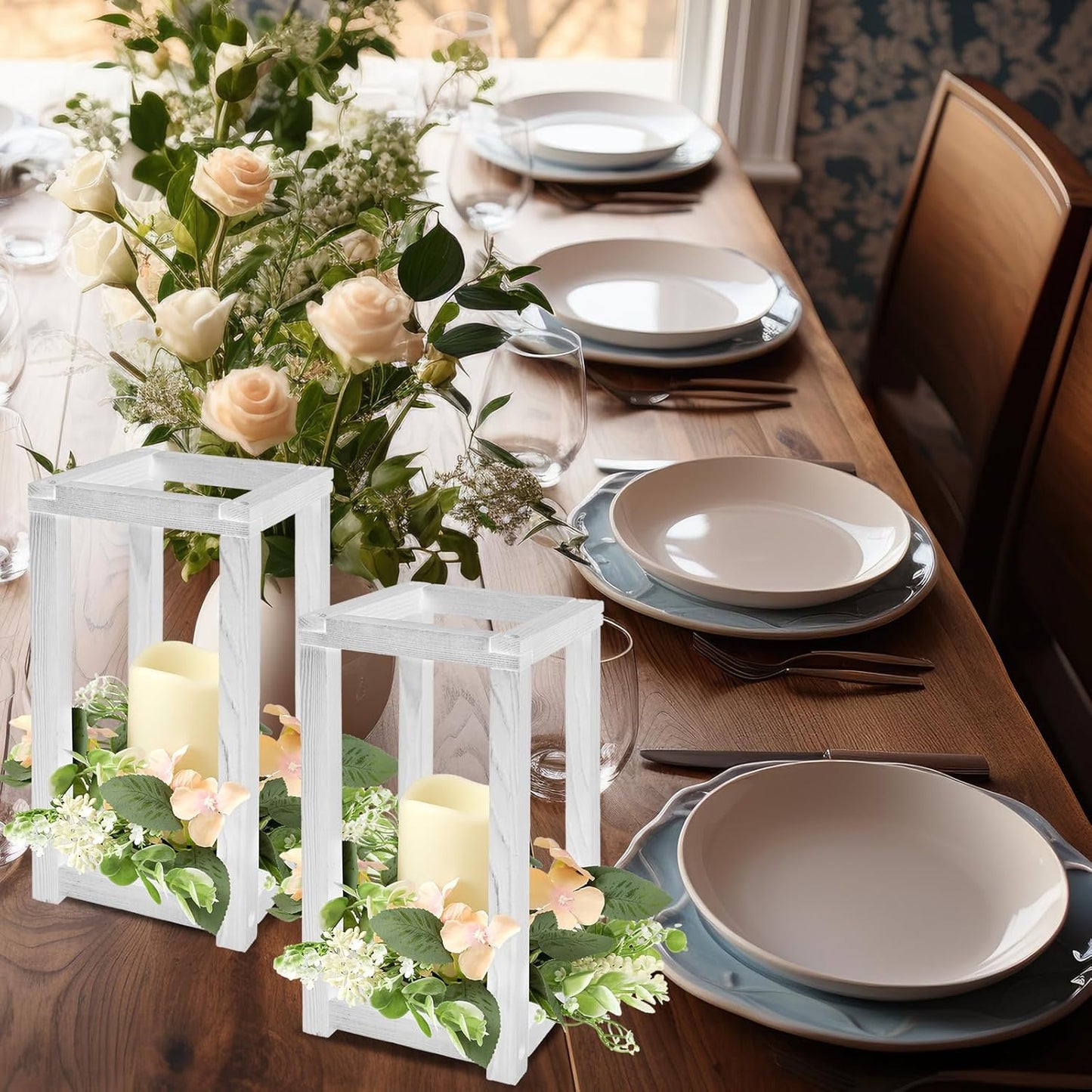 30 Pcs Wooden Wedding Lantern Centerpiece Integrated Holders with Candles and Wreaths Rustic Wooden Candle Lantern Decor for Wedding Party Table Valentine Decor (Yellow)