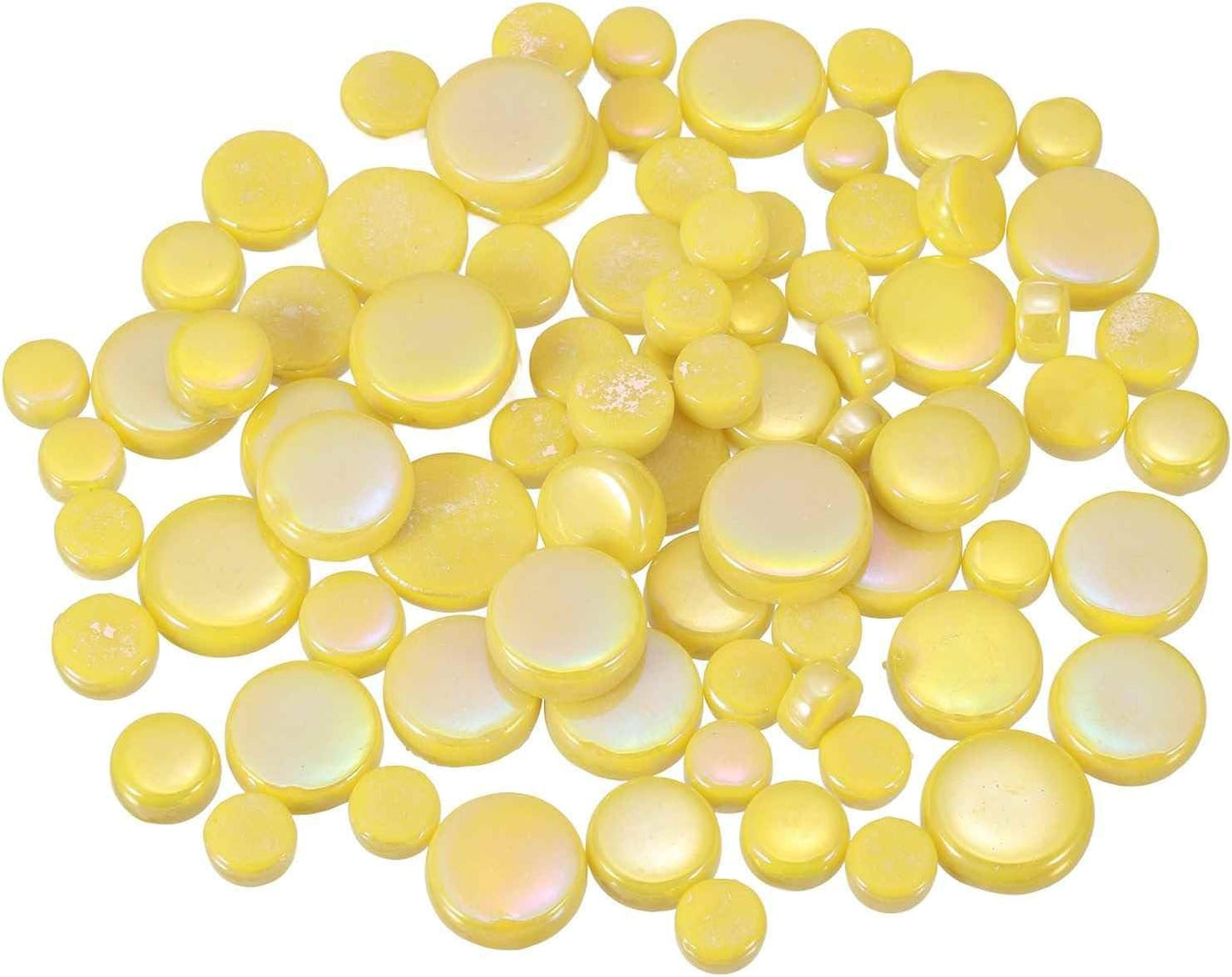 200g Round Mosaic Tiles for Crafts, Multi-Size Iridescent Mosaic Glass Bulk for DIY Art, Home Decoration, Vases, Mugs, Flower Pots (Yellow)