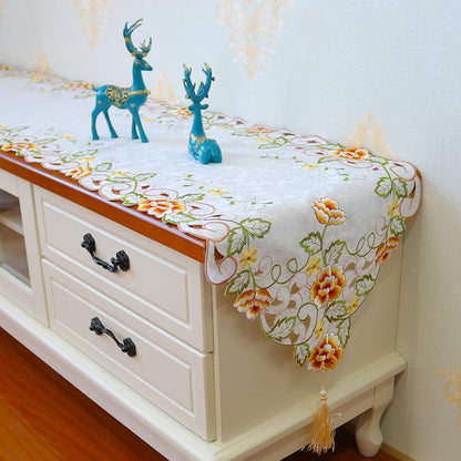 Embroidered Floral Dresser Scarf Runners and Toppers for Dinning Room 15inch by 47inch Table Centerpieces Nightstand Protector with Tassel