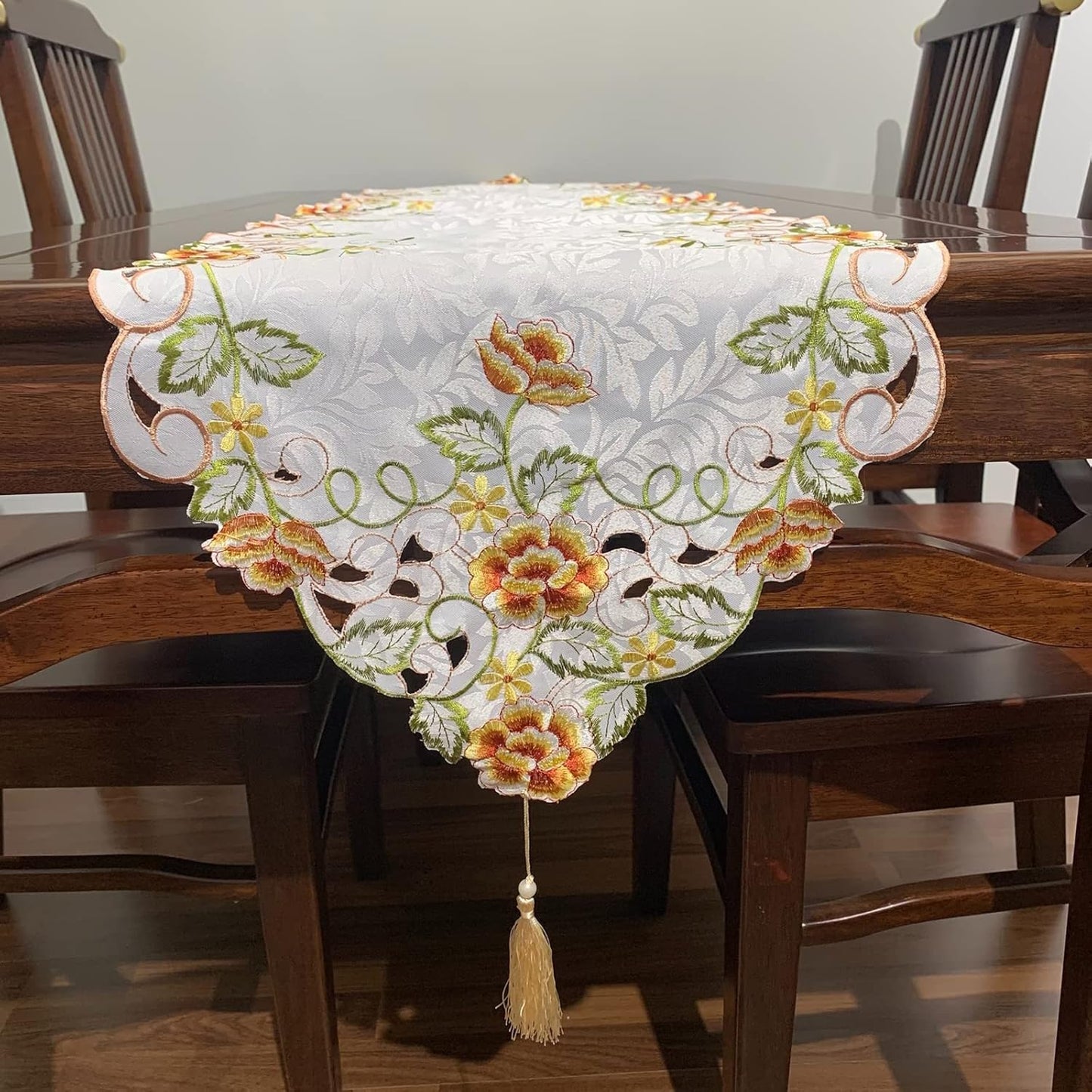 Embroidered Floral Dresser Scarf Runners and Toppers for Dinning Room 15inch by 47inch Table Centerpieces Nightstand Protector with Tassel