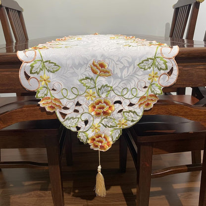 Embroidered Floral Dresser Scarf Runners and Toppers for Dinning Room 15inch by 47inch Table Centerpieces Nightstand Protector with Tassel