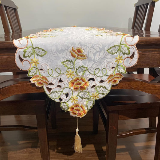 Embroidered Floral Dresser Scarf Runners and Toppers for Dinning Room 15inch by 47inch Table Centerpieces Nightstand Protector with Tassel