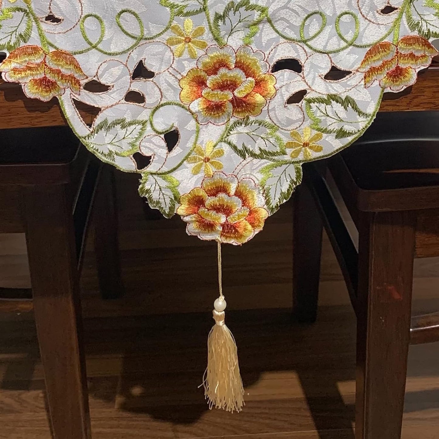 Embroidered Floral Dresser Scarf Runners and Toppers for Dinning Room 15inch by 47inch Table Centerpieces Nightstand Protector with Tassel