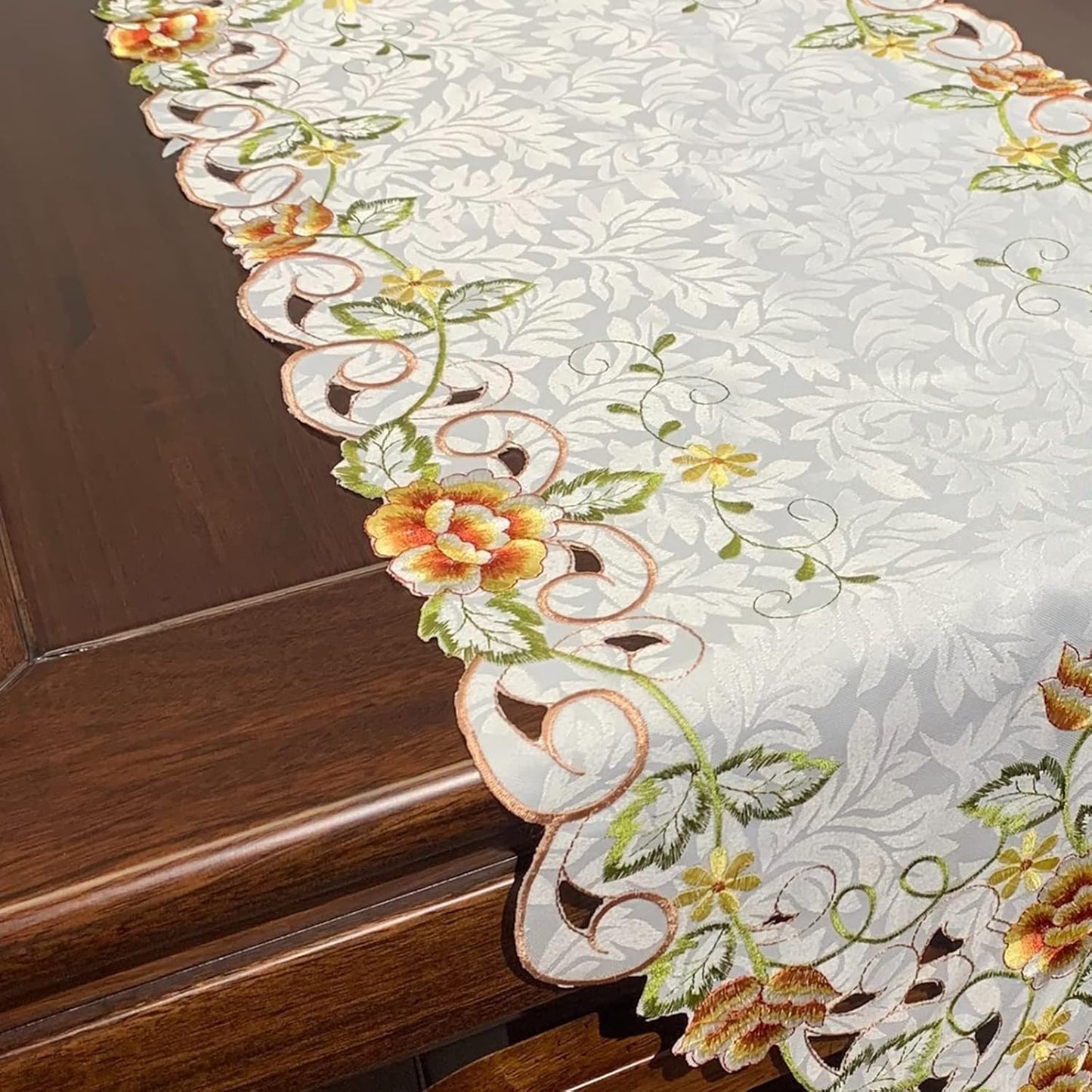 Embroidered Floral Dresser Scarf Runners and Toppers for Dinning Room 15inch by 47inch Table Centerpieces Nightstand Protector with Tassel