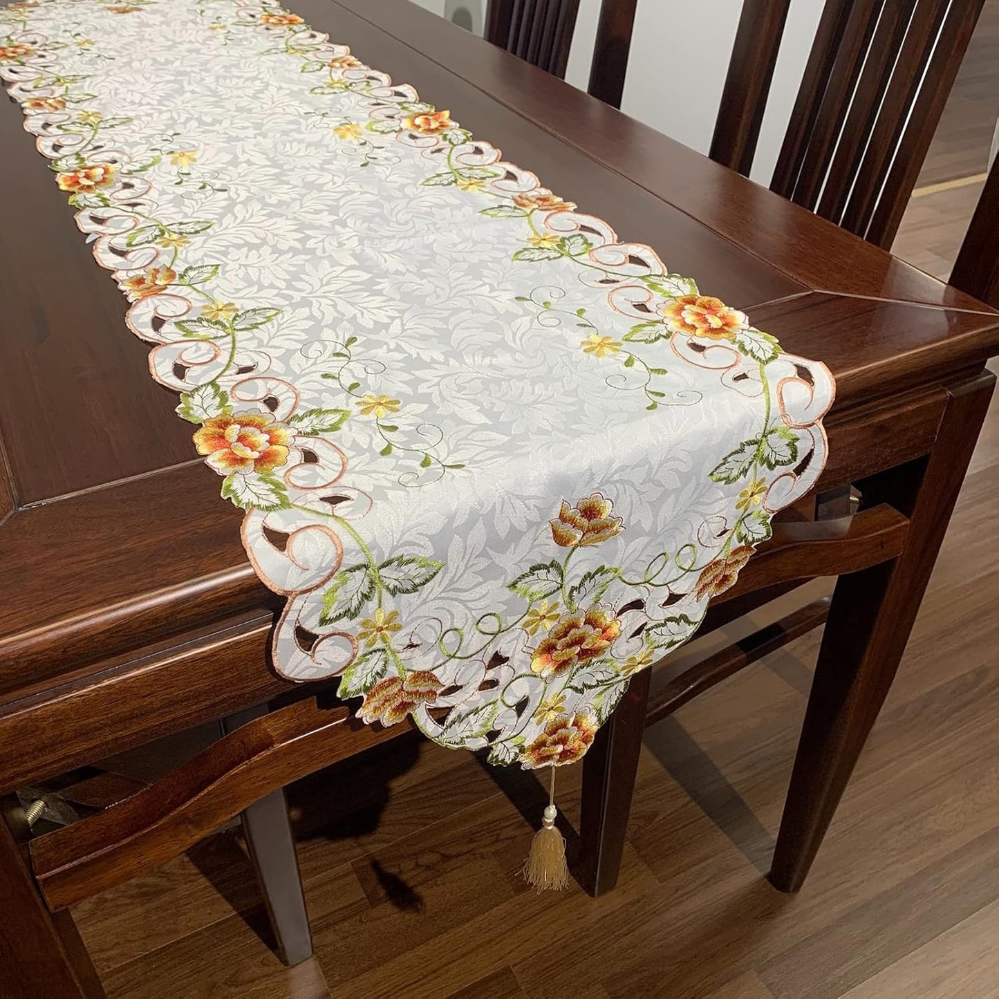 Embroidered Floral Dresser Scarf Runners and Toppers for Dinning Room 15inch by 47inch Table Centerpieces Nightstand Protector with Tassel