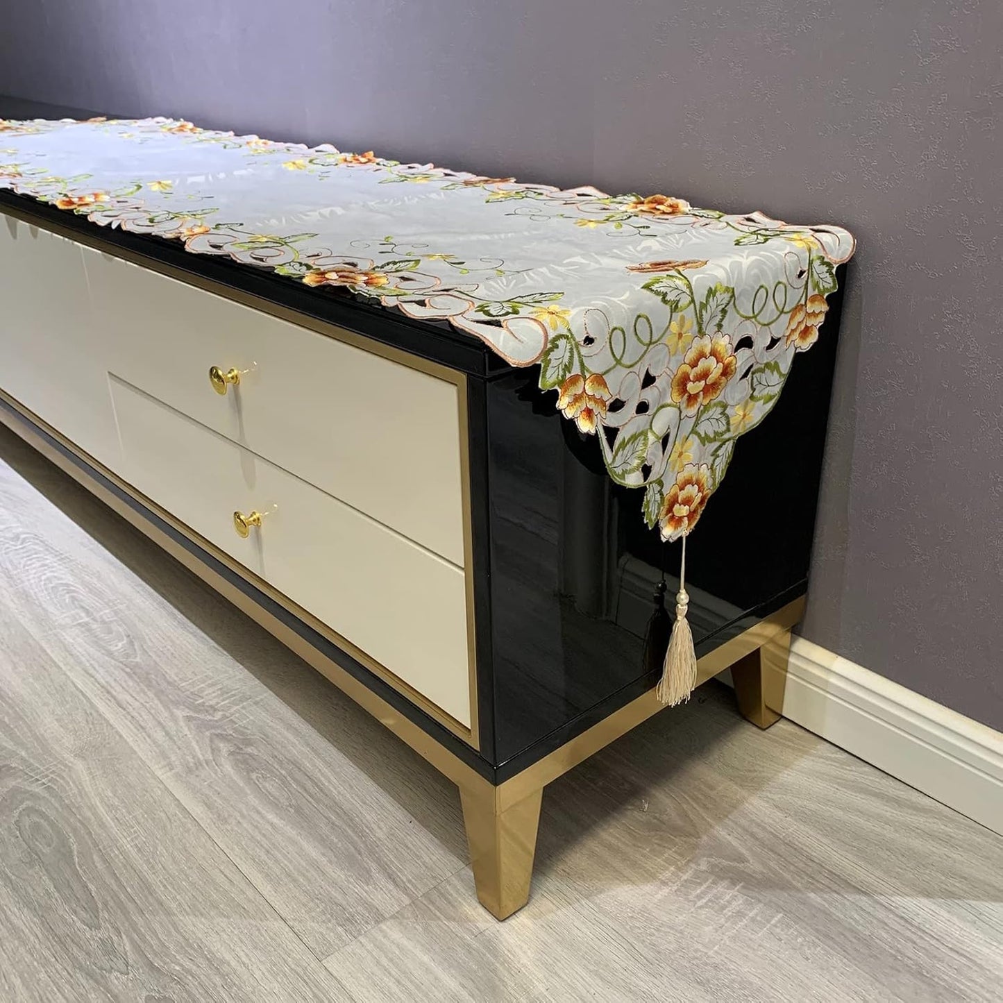 Embroidered Floral Dresser Scarf Runners and Toppers for Dinning Room 15inch by 47inch Table Centerpieces Nightstand Protector with Tassel