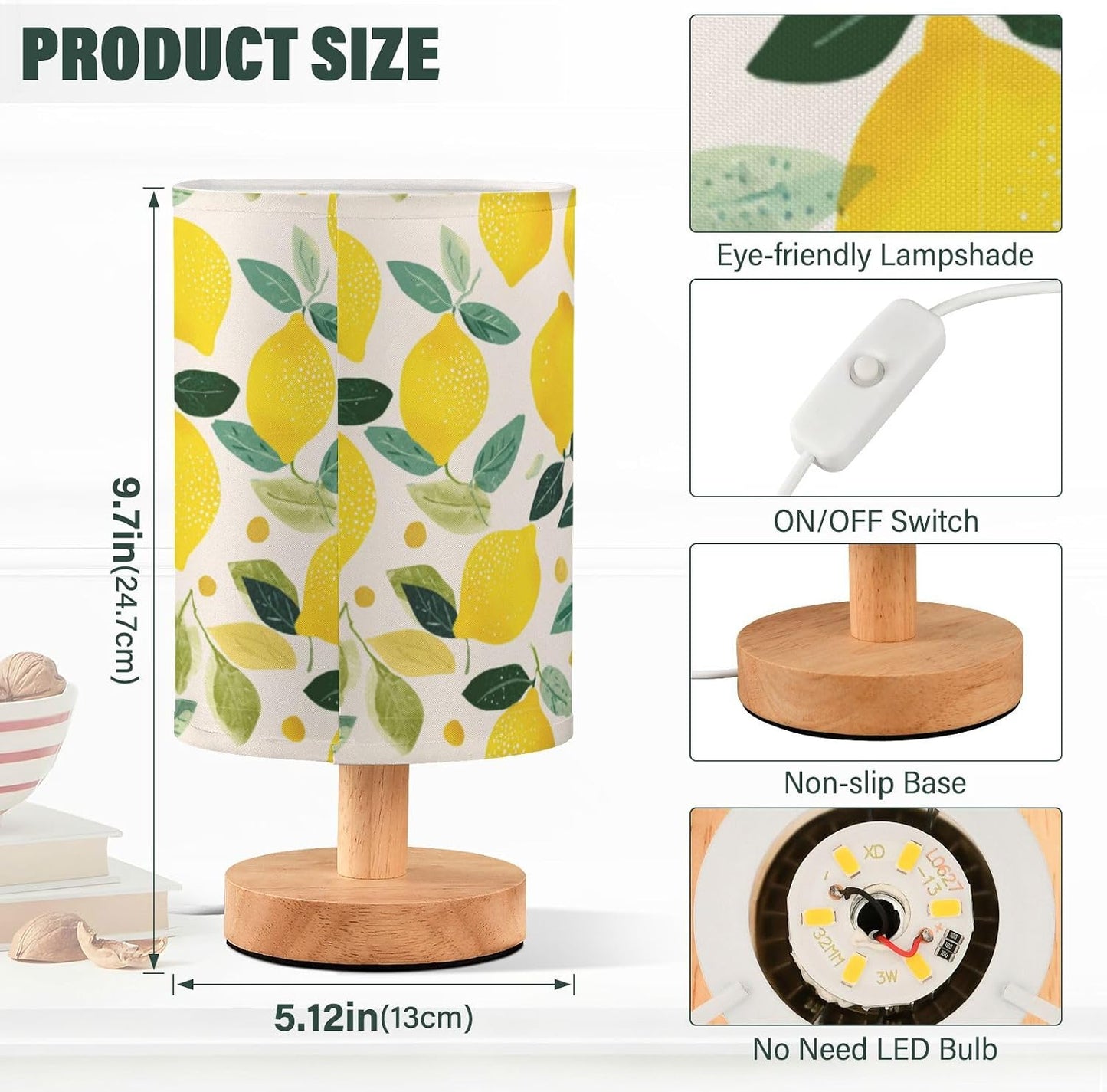 Bedside Table Lamp Lemon Yellow Citrus Fruits (92) Kids Nightstand Lamp Night Light Fabric Shade for Bedroom Living Room Home Office