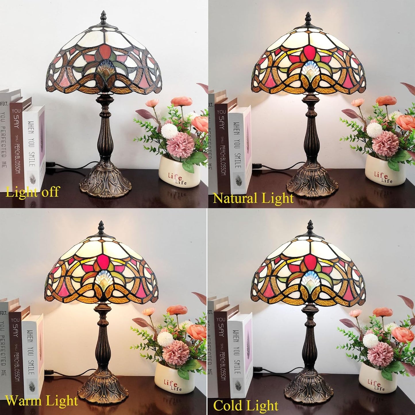 Tiffany Table Lamp Yellow Vines Flowers Stained Glass Desk Light 12 Inch Tiffany Style Bedside Lamp with LED Bulb for Bedroom Living Room Office Decor