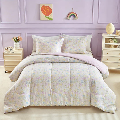 3pcs Floral Cotton Comforter Set for Girls, Purple Blue Yellow Flowers Design, Twin Size Soft n Cozy Kids Bedding Comforter for All Season- 68x88 inches