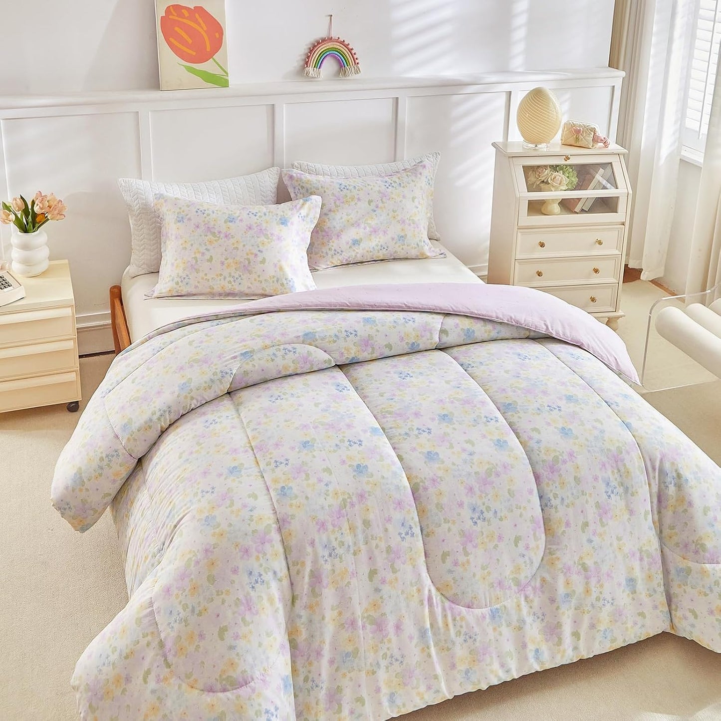 3pcs Floral Cotton Comforter Set for Girls, Purple Blue Yellow Flowers Design, Twin Size Soft n Cozy Kids Bedding Comforter for All Season- 68x88 inches