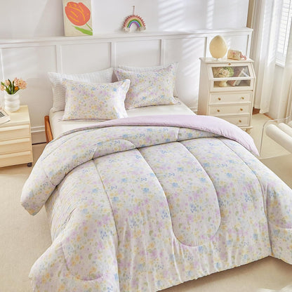 3pcs Floral Cotton Comforter Set for Girls, Purple Blue Yellow Flowers Design, Twin Size Soft n Cozy Kids Bedding Comforter for All Season- 68x88 inches