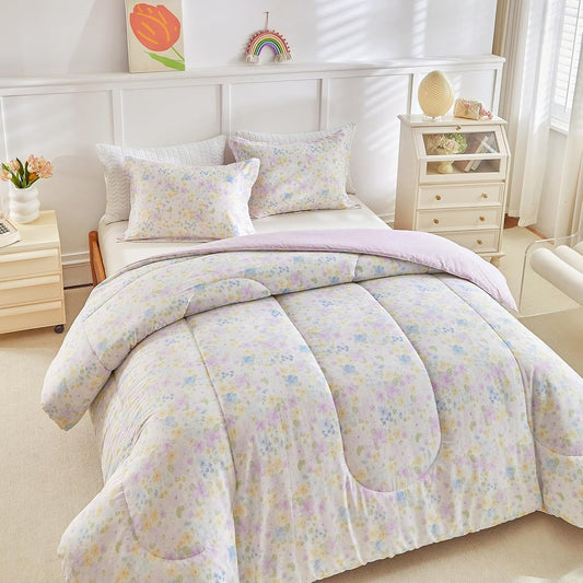3pcs Floral Cotton Comforter Set for Girls, Purple Blue Yellow Flowers Design, Twin Size Soft n Cozy Kids Bedding Comforter for All Season- 68x88 inches