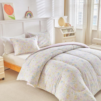 3pcs Floral Cotton Comforter Set for Girls, Purple Blue Yellow Flowers Design, Twin Size Soft n Cozy Kids Bedding Comforter for All Season- 68x88 inches
