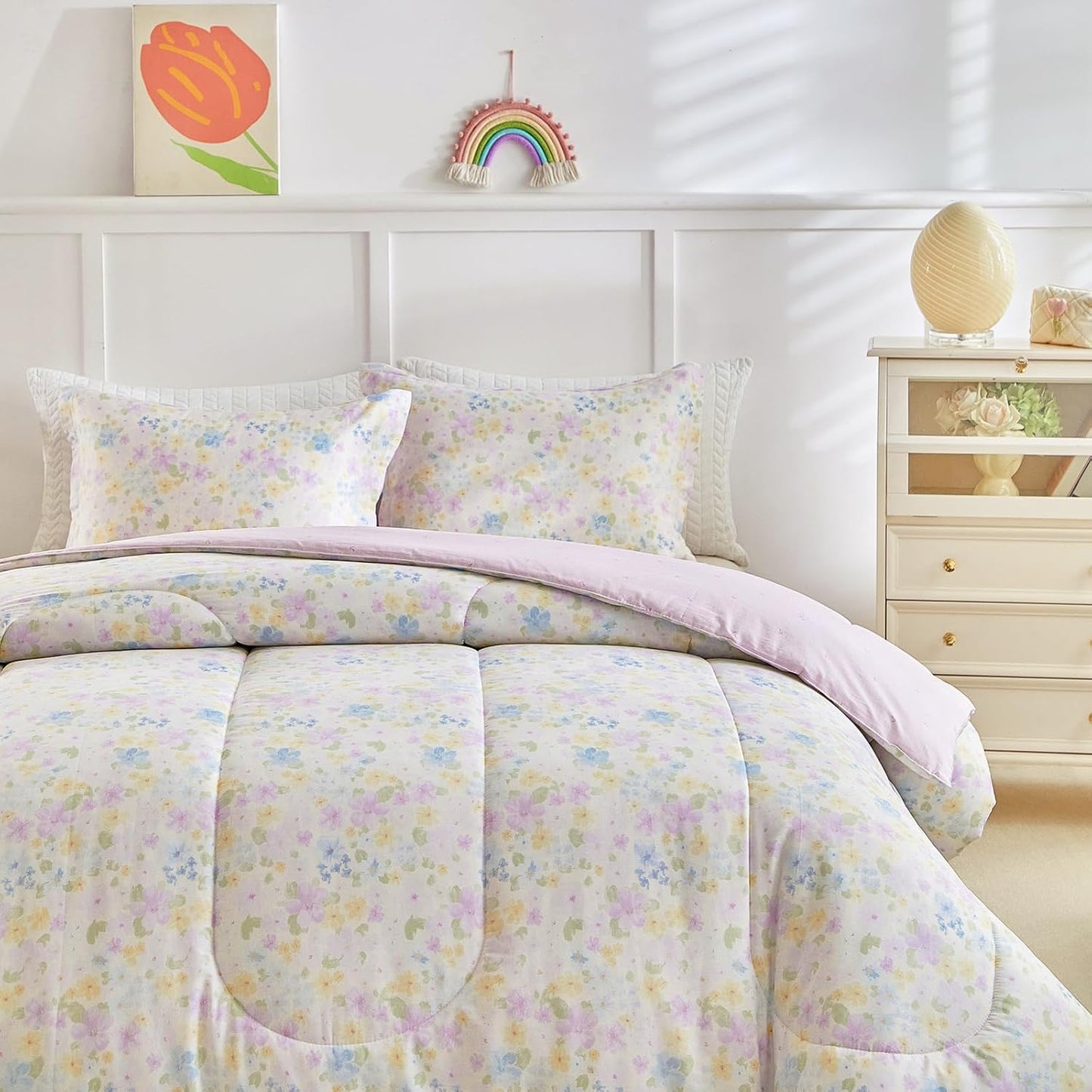 3pcs Floral Cotton Comforter Set for Girls, Purple Blue Yellow Flowers Design, Twin Size Soft n Cozy Kids Bedding Comforter for All Season- 68x88 inches