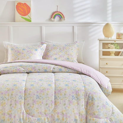 3pcs Floral Cotton Comforter Set for Girls, Purple Blue Yellow Flowers Design, Twin Size Soft n Cozy Kids Bedding Comforter for All Season- 68x88 inches