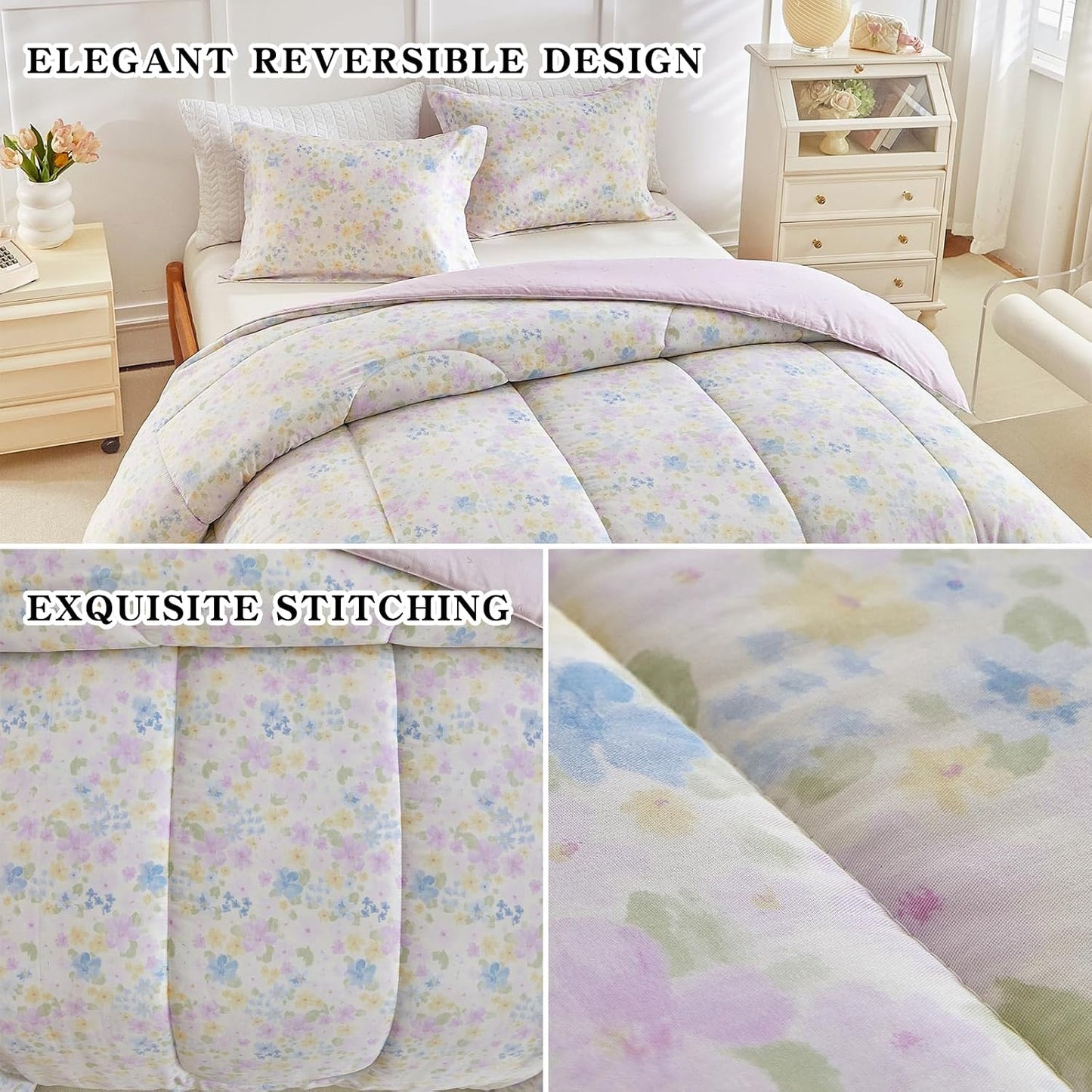 3pcs Floral Cotton Comforter Set for Girls, Purple Blue Yellow Flowers Design, Twin Size Soft n Cozy Kids Bedding Comforter for All Season- 68x88 inches