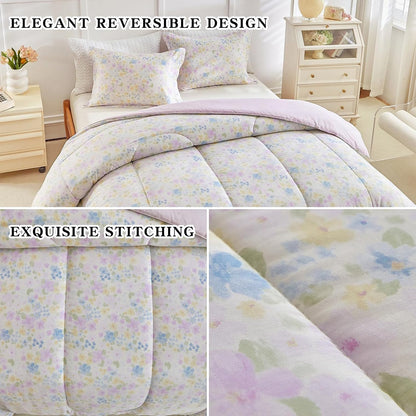 3pcs Floral Cotton Comforter Set for Girls, Purple Blue Yellow Flowers Design, Twin Size Soft n Cozy Kids Bedding Comforter for All Season- 68x88 inches