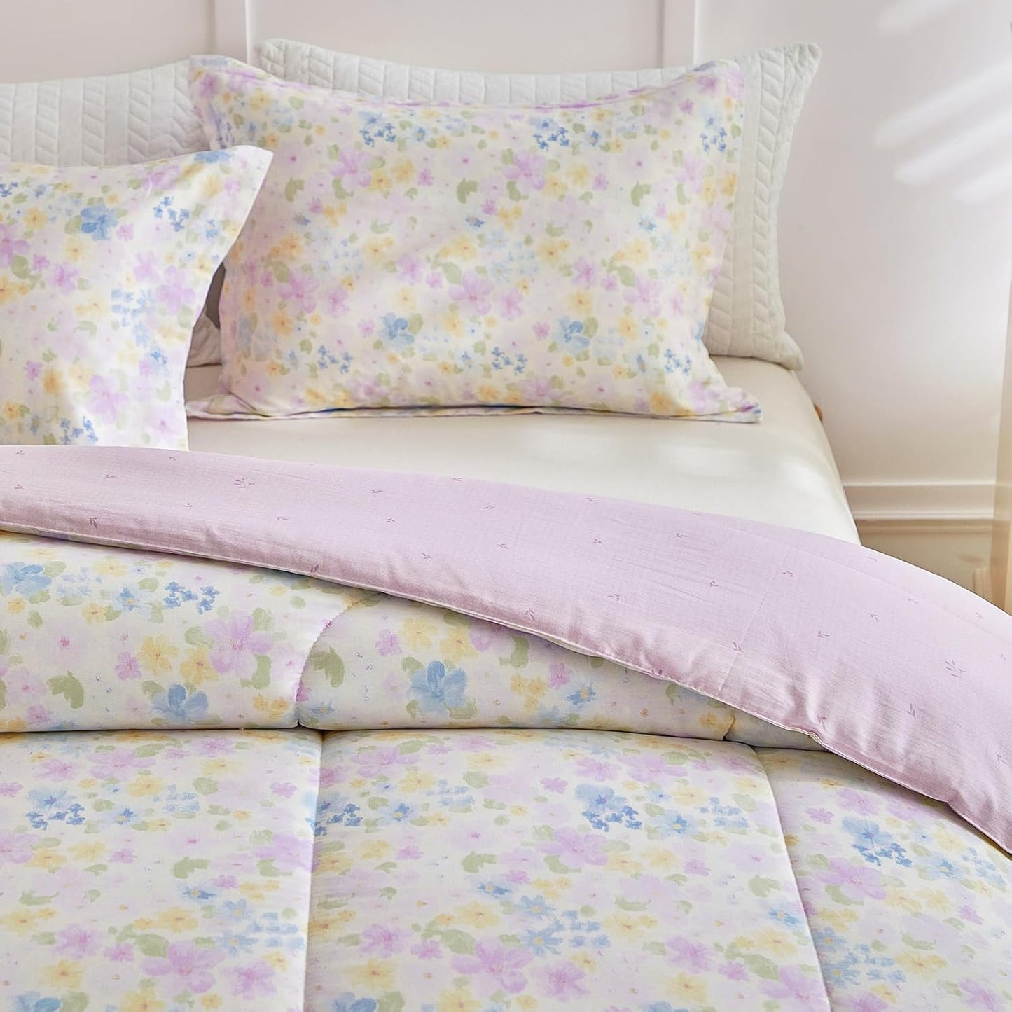 3pcs Floral Cotton Comforter Set for Girls, Purple Blue Yellow Flowers Design, Twin Size Soft n Cozy Kids Bedding Comforter for All Season- 68x88 inches