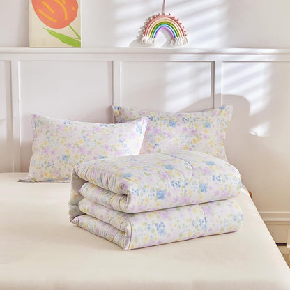3pcs Floral Cotton Comforter Set for Girls, Purple Blue Yellow Flowers Design, Twin Size Soft n Cozy Kids Bedding Comforter for All Season- 68x88 inches