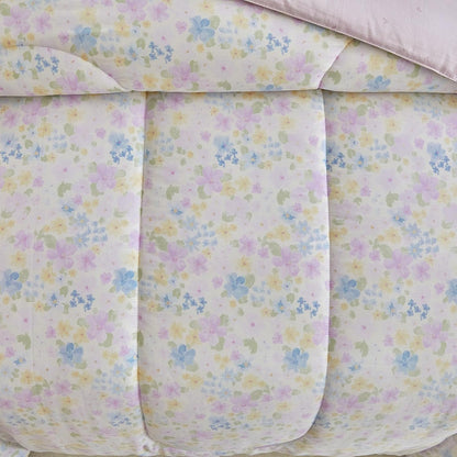 3pcs Floral Cotton Comforter Set for Girls, Purple Blue Yellow Flowers Design, Twin Size Soft n Cozy Kids Bedding Comforter for All Season- 68x88 inches