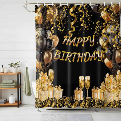 54x78 Inch Shower Curtain Decorative Happy Birthday Bathtub Bath Curtains Fabric Bathroom Decor, Gifts Golden Black Balloons Goblet Glitter Ribbons Small Stall Shower Curtain Set with 12 Hooks
