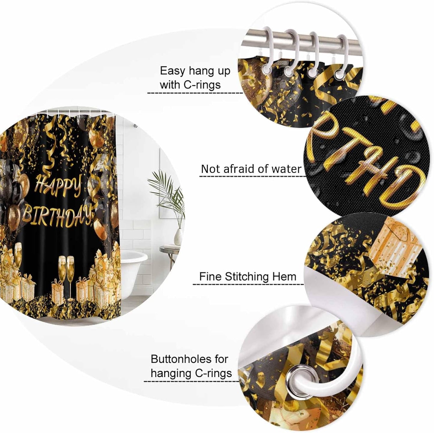 54x78 Inch Shower Curtain Decorative Happy Birthday Bathtub Bath Curtains Fabric Bathroom Decor, Gifts Golden Black Balloons Goblet Glitter Ribbons Small Stall Shower Curtain Set with 12 Hooks