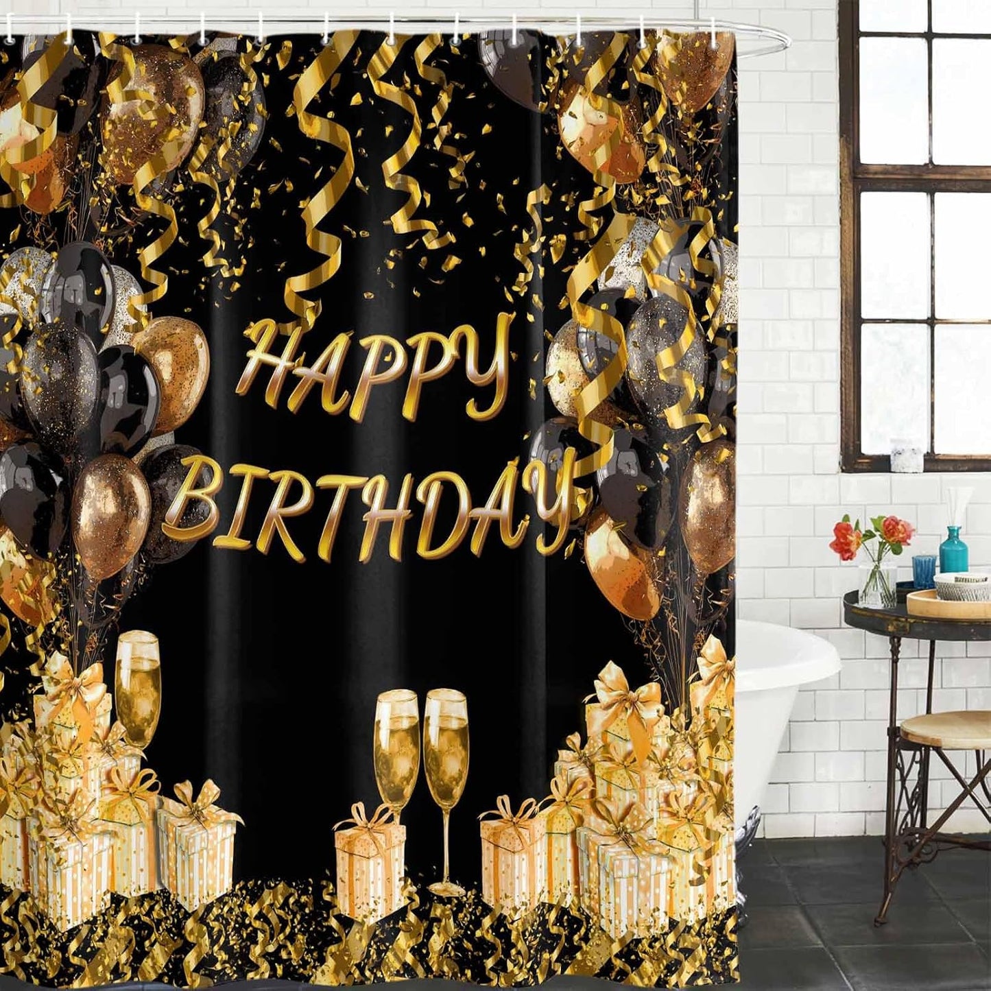 54x78 Inch Shower Curtain Decorative Happy Birthday Bathtub Bath Curtains Fabric Bathroom Decor, Gifts Golden Black Balloons Goblet Glitter Ribbons Small Stall Shower Curtain Set with 12 Hooks