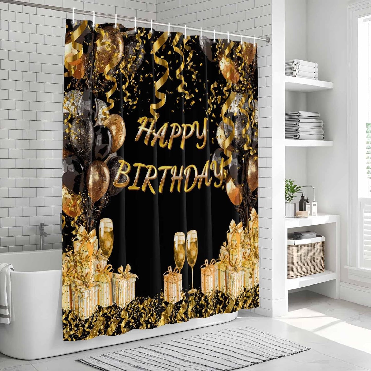 54x78 Inch Shower Curtain Decorative Happy Birthday Bathtub Bath Curtains Fabric Bathroom Decor, Gifts Golden Black Balloons Goblet Glitter Ribbons Small Stall Shower Curtain Set with 12 Hooks