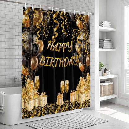 54x78 Inch Shower Curtain Decorative Happy Birthday Bathtub Bath Curtains Fabric Bathroom Decor, Gifts Golden Black Balloons Goblet Glitter Ribbons Small Stall Shower Curtain Set with 12 Hooks