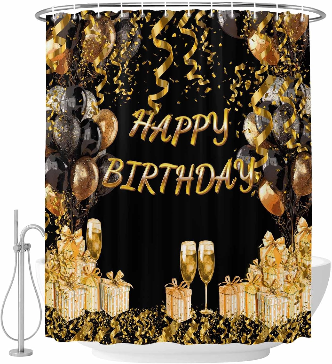 54x78 Inch Shower Curtain Decorative Happy Birthday Bathtub Bath Curtains Fabric Bathroom Decor, Gifts Golden Black Balloons Goblet Glitter Ribbons Small Stall Shower Curtain Set with 12 Hooks