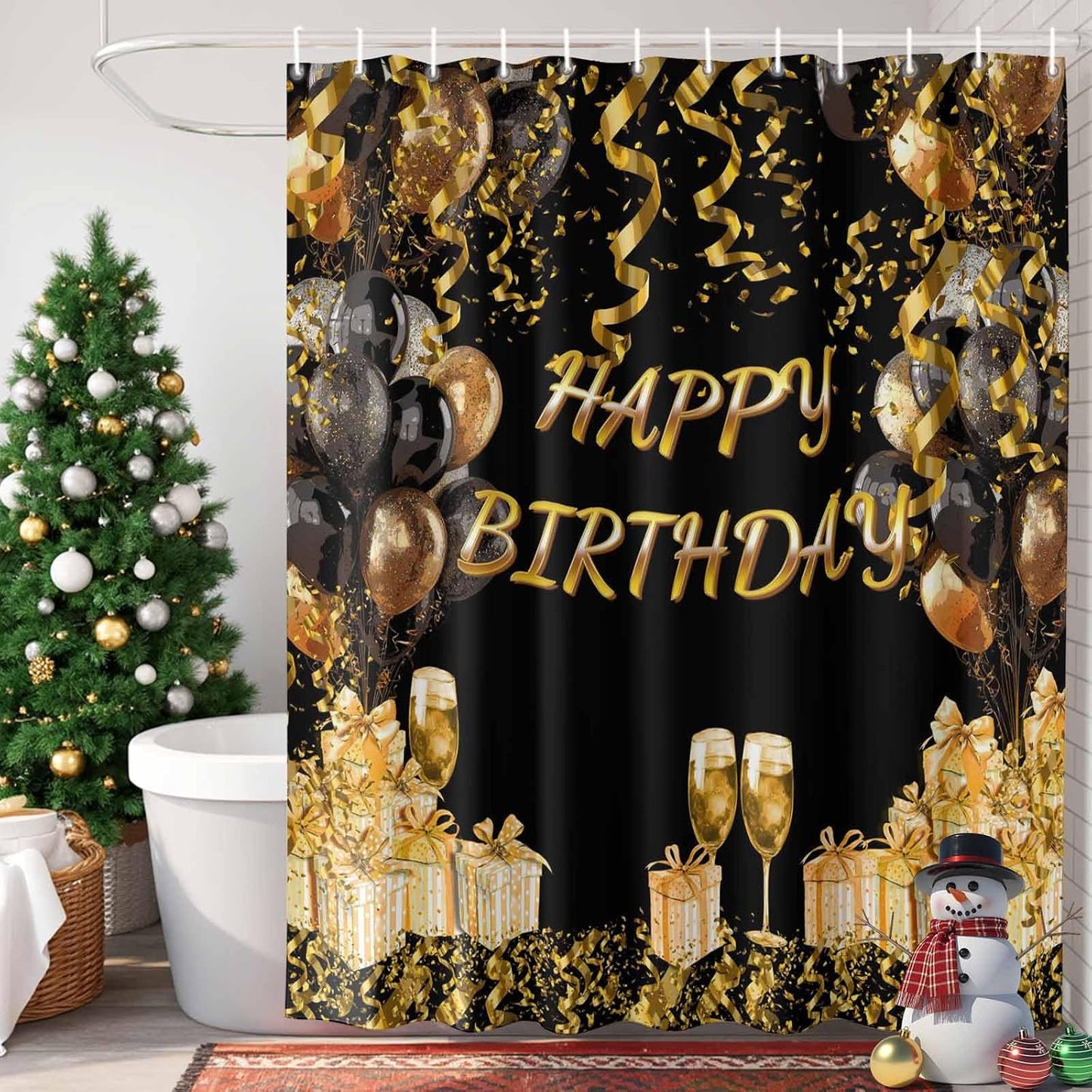 54x78 Inch Shower Curtain Decorative Happy Birthday Bathtub Bath Curtains Fabric Bathroom Decor, Gifts Golden Black Balloons Goblet Glitter Ribbons Small Stall Shower Curtain Set with 12 Hooks