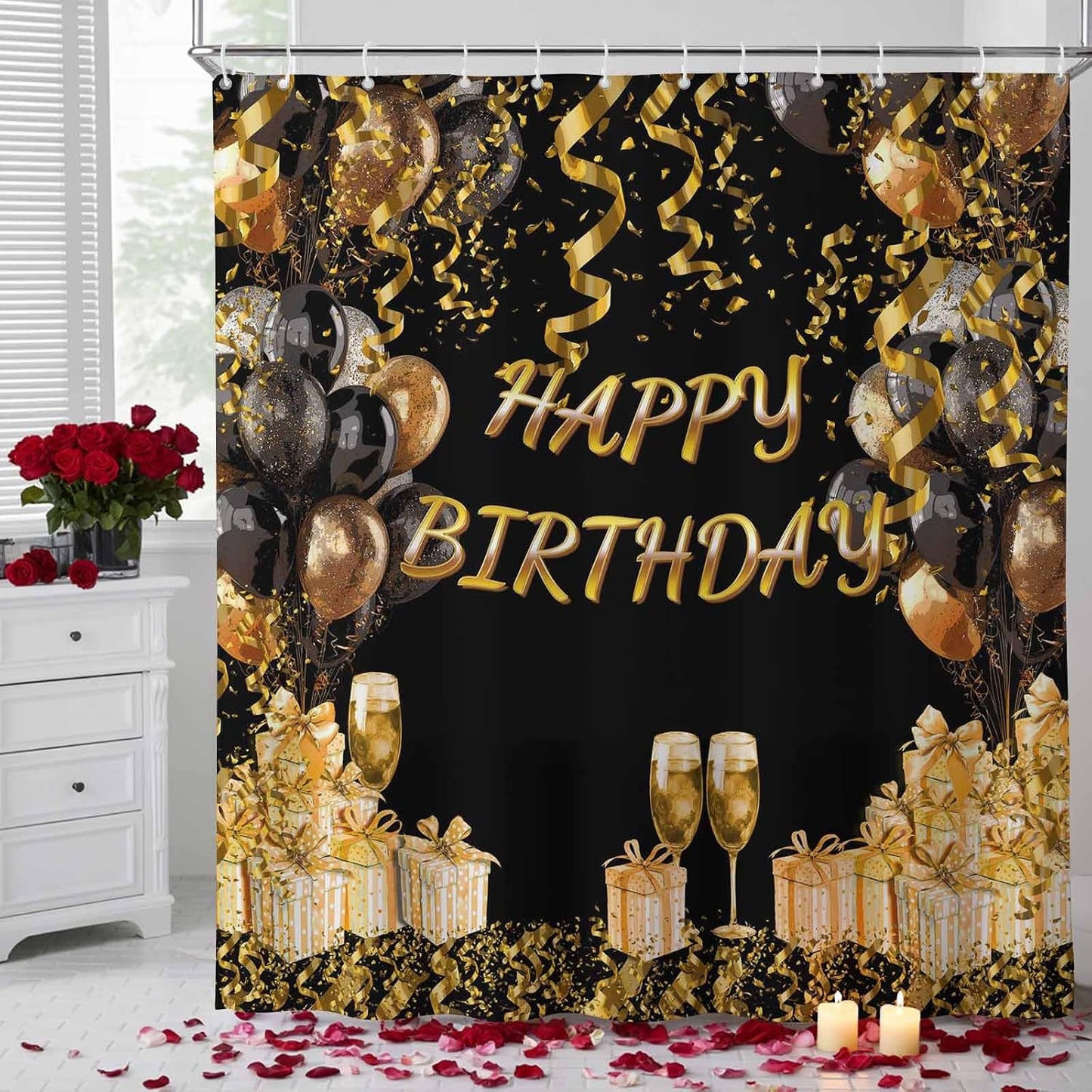 54x78 Inch Shower Curtain Decorative Happy Birthday Bathtub Bath Curtains Fabric Bathroom Decor, Gifts Golden Black Balloons Goblet Glitter Ribbons Small Stall Shower Curtain Set with 12 Hooks