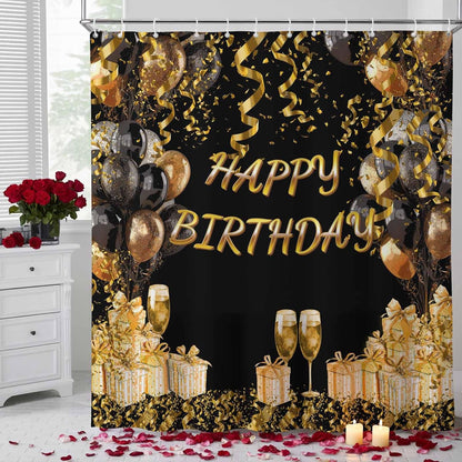 54x78 Inch Shower Curtain Decorative Happy Birthday Bathtub Bath Curtains Fabric Bathroom Decor, Gifts Golden Black Balloons Goblet Glitter Ribbons Small Stall Shower Curtain Set with 12 Hooks