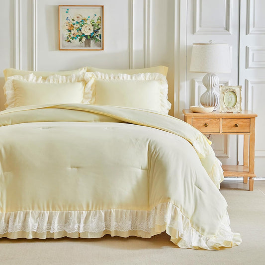 Queen Size Comforter Set Yellow, 3pcs Lace Ruffled Bedding Comforter Set, Microfiber Vintage Boho Chic Bedding Set for All Season- 88x88 inches