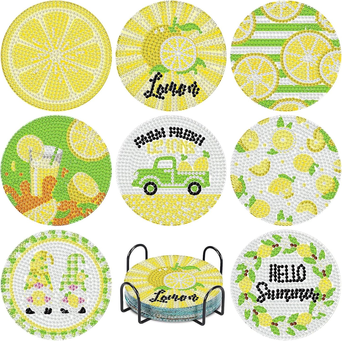 8 Pcs Lemon Diamond Art Coasters Kit, Lemon Diamond Painting Coasters with Holder, 5D Gem Art Coaster, DIY Crafts Diamond Dots for Gift Home Decor
