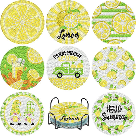 8 Pcs Lemon Diamond Art Coasters Kit, Lemon Diamond Painting Coasters with Holder, 5D Gem Art Coaster, DIY Crafts Diamond Dots for Gift Home Decor