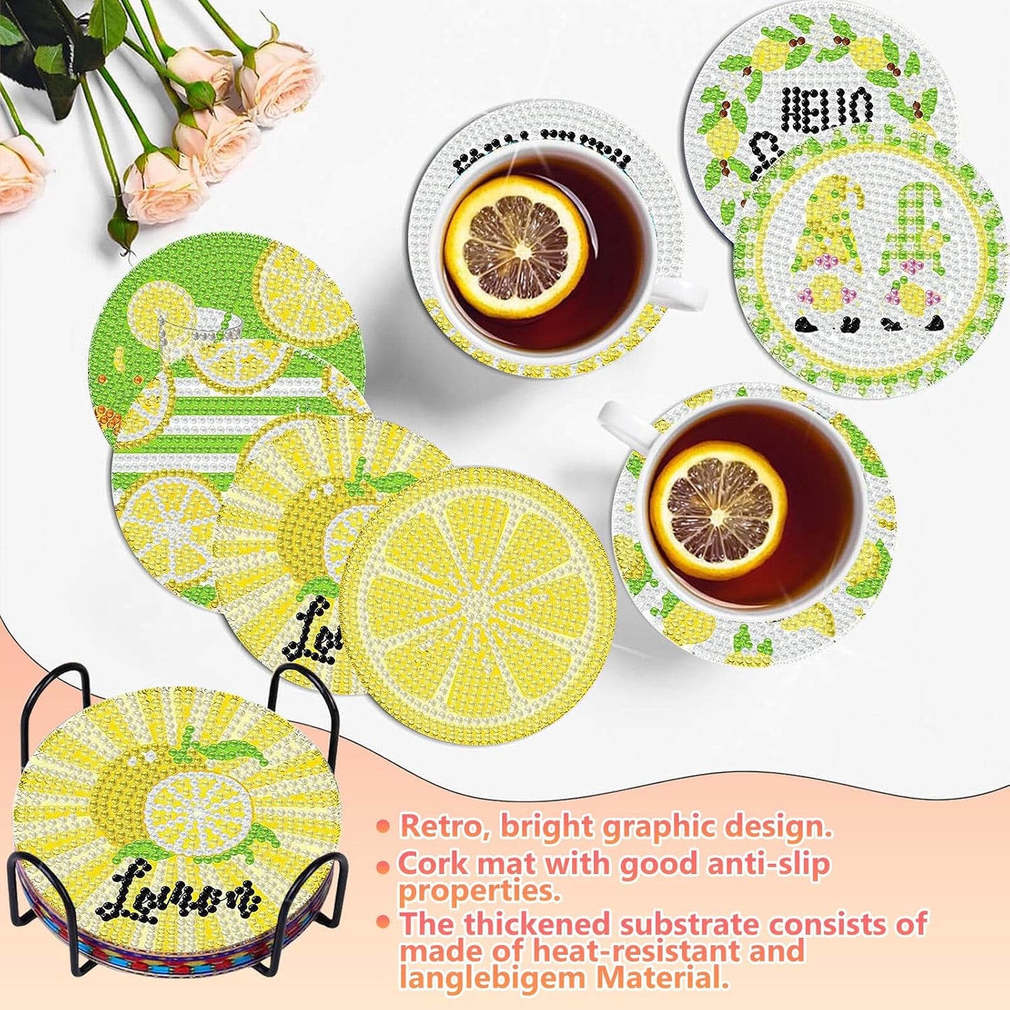 8 Pcs Lemon Diamond Art Coasters Kit, Lemon Diamond Painting Coasters with Holder, 5D Gem Art Coaster, DIY Crafts Diamond Dots for Gift Home Decor