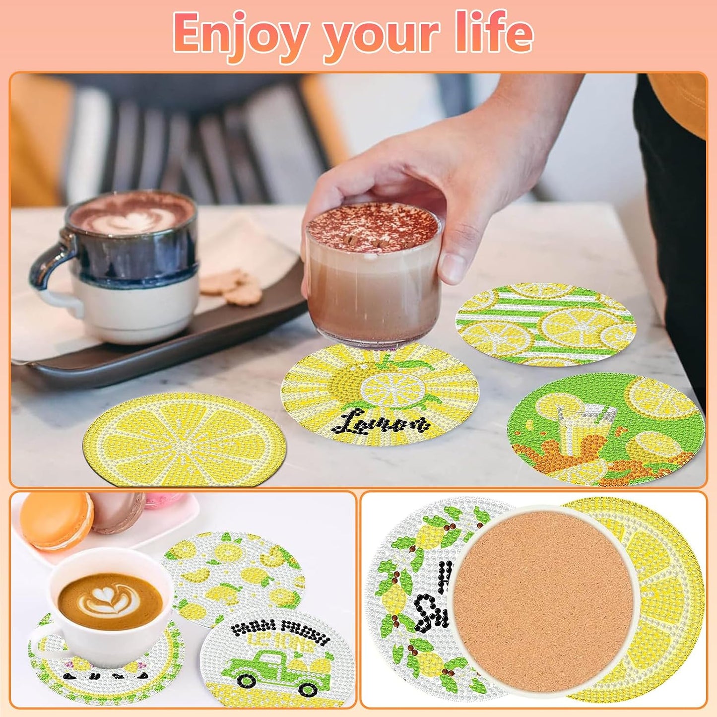 8 Pcs Lemon Diamond Art Coasters Kit, Lemon Diamond Painting Coasters with Holder, 5D Gem Art Coaster, DIY Crafts Diamond Dots for Gift Home Decor