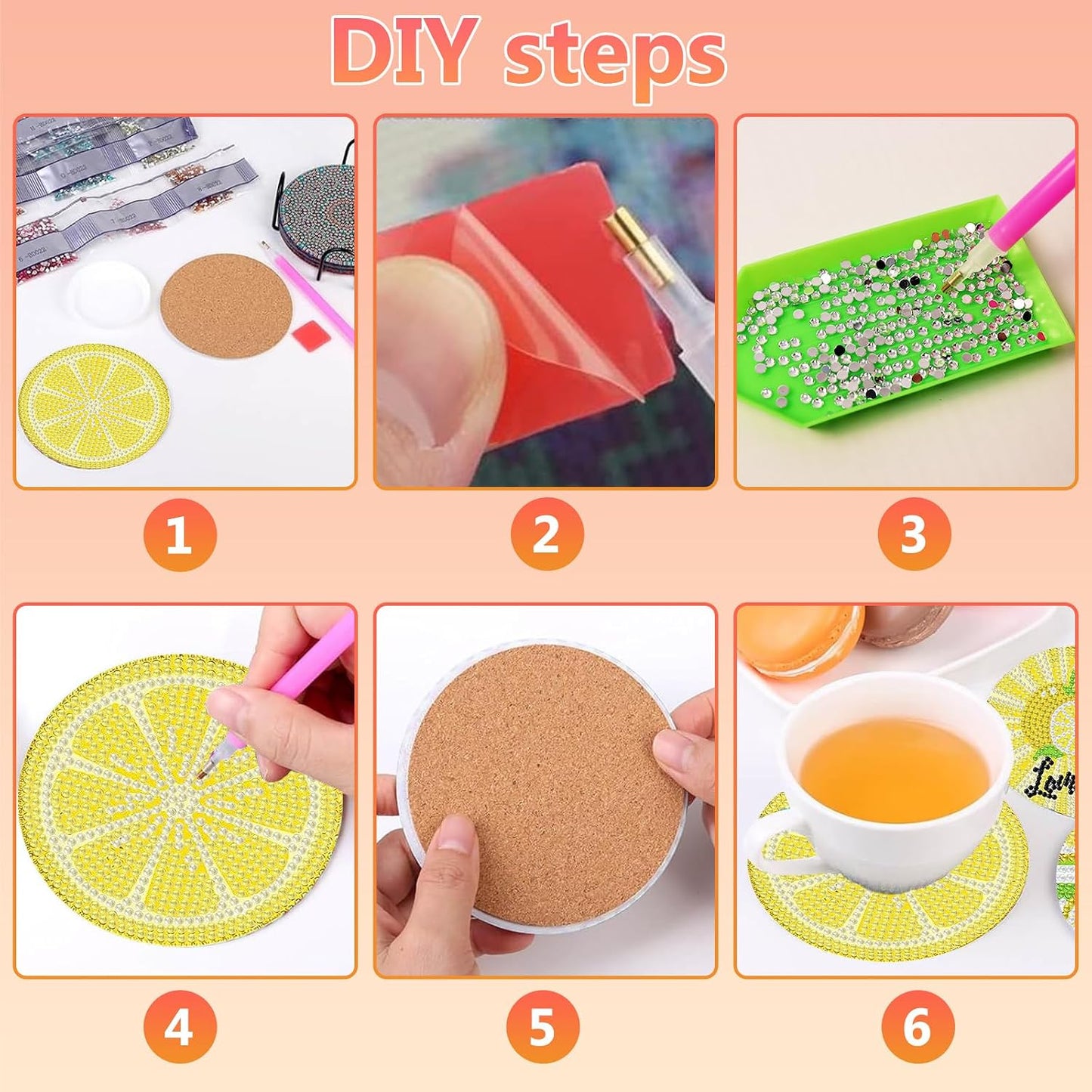 8 Pcs Lemon Diamond Art Coasters Kit, Lemon Diamond Painting Coasters with Holder, 5D Gem Art Coaster, DIY Crafts Diamond Dots for Gift Home Decor
