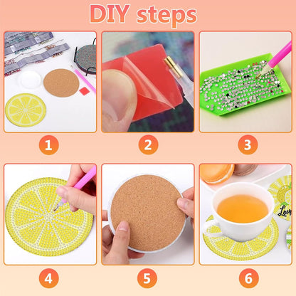 8 Pcs Lemon Diamond Art Coasters Kit, Lemon Diamond Painting Coasters with Holder, 5D Gem Art Coaster, DIY Crafts Diamond Dots for Gift Home Decor