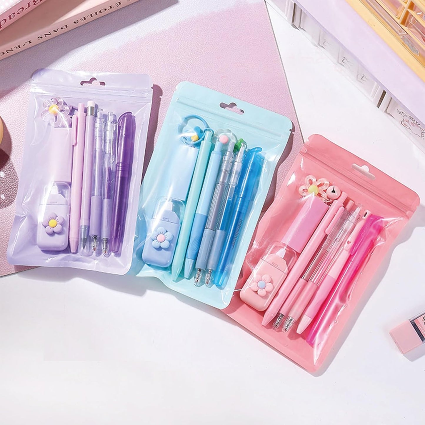 8 Pcs Cute Yellow Stationery Set for Girls Boys Women Back to School Supplies Office Supplies Kawaii Candy Colors Stationery Gift Including Pen Pencil Highlighter Eraser (Yellow)